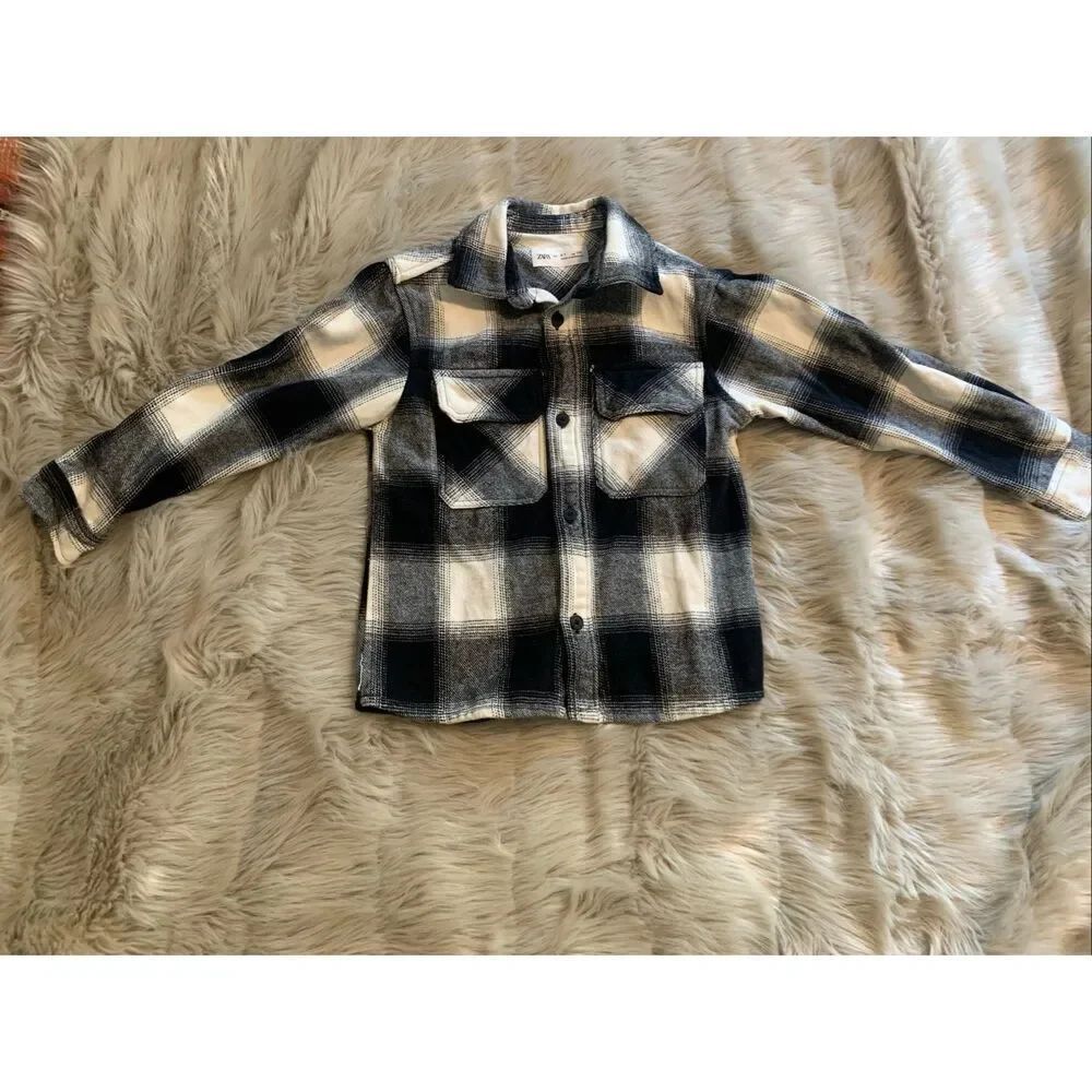 Zara Boys Black and White Plaid Button-Up Shirt 6-7 Years